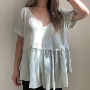 Boho oversized light mint green vneck striped babydoll peplum short sleeve top